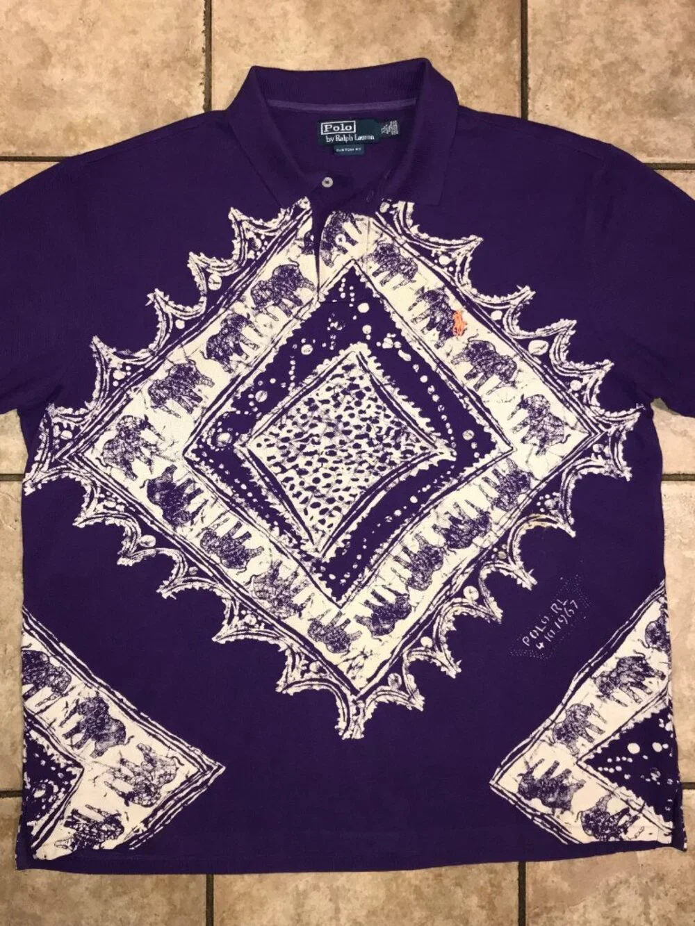 Men's Vintage Polo Ralph Lauren Aztec Elephant AOP Polo Shirt-Size XL(Custom Fit